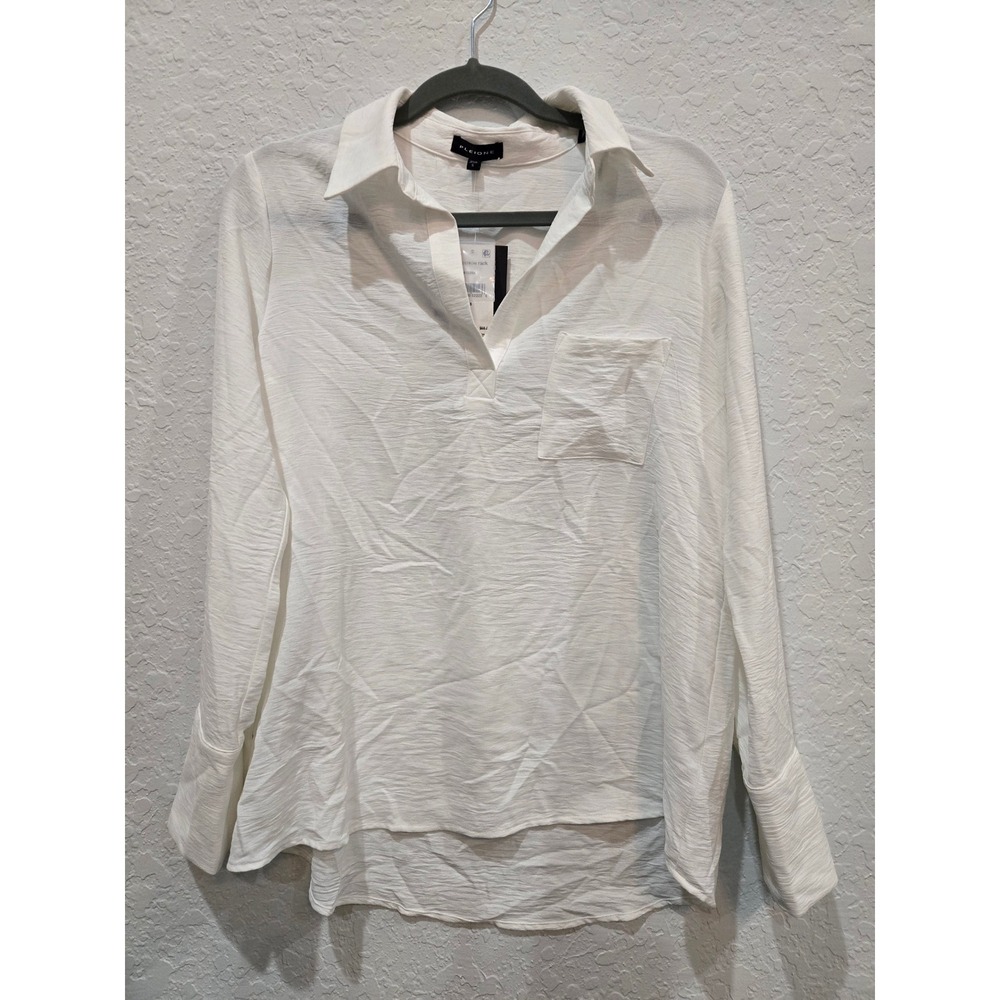 PLEIONE Women's White Long Sleeve Collared Shirt Size S Textured Top
